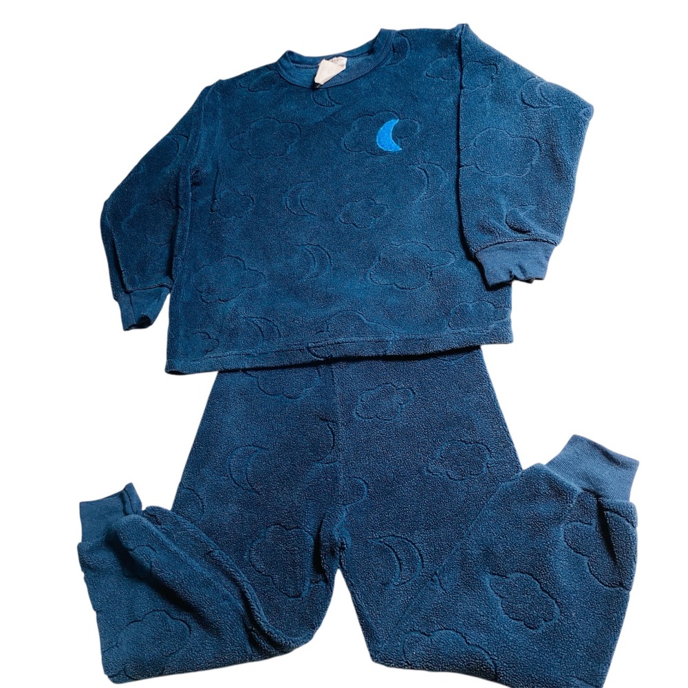 Vintage Carters Kids Blue Fleece Cloud Moon Pajama Set 2PC Celestial Sleepwear